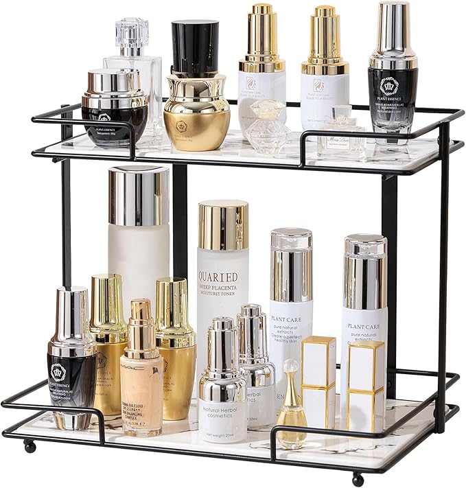 2 Tier Bathroom Cabinet Countertop Organizer Perfume Lipstick Makeup Organizer Cosmetics Storage Display Rack Vanity Tray Metal Dresser Storage Shelf White Marble Ceramic Tray Black