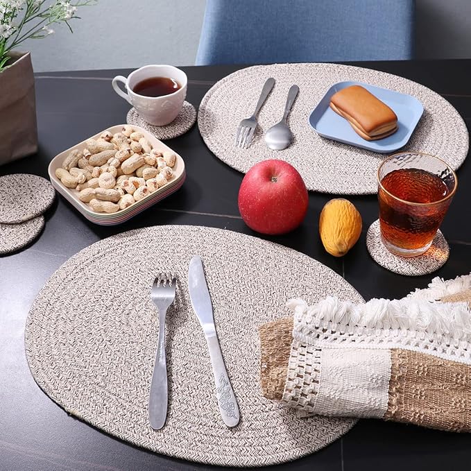 4 Pack Oval Woven Placemats, Mix Brown Cotton Plate Chargers with 4 Pack Round Coasters, Thick Heat Insulation Mats Household Table Mats Braided Bowl Mats Fabric Rustic Placemats for Dining