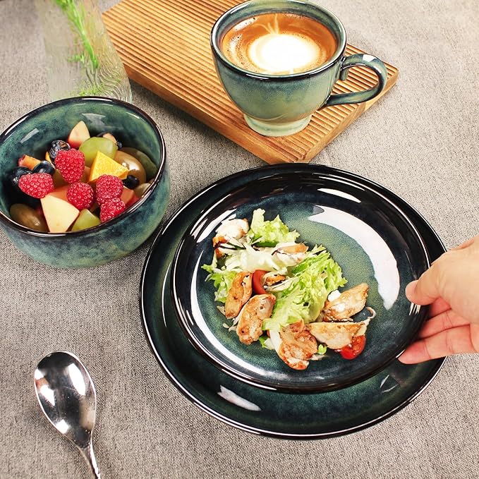 Ceramic Dinnerware (16 pcs) Serve 4 people, Plates and Bowls Sets,Handmade Reactive Glaze Dishes Set,Chip Resistant and Scratch Resistant,Dishwasher, Microwave Safe