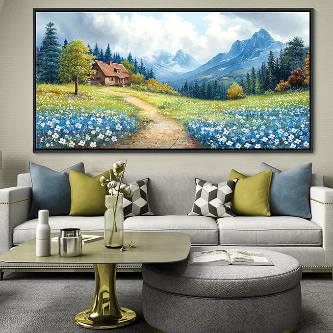 CHATYOUNG Large Mountains Wall Art, Rustic Blue Forest Wild Flowers Wall Picture Path Cottage Landscape Framed Wall Paintings for Living Room Bedroom kitchen Home Decor Gifts for Women 29"X58"