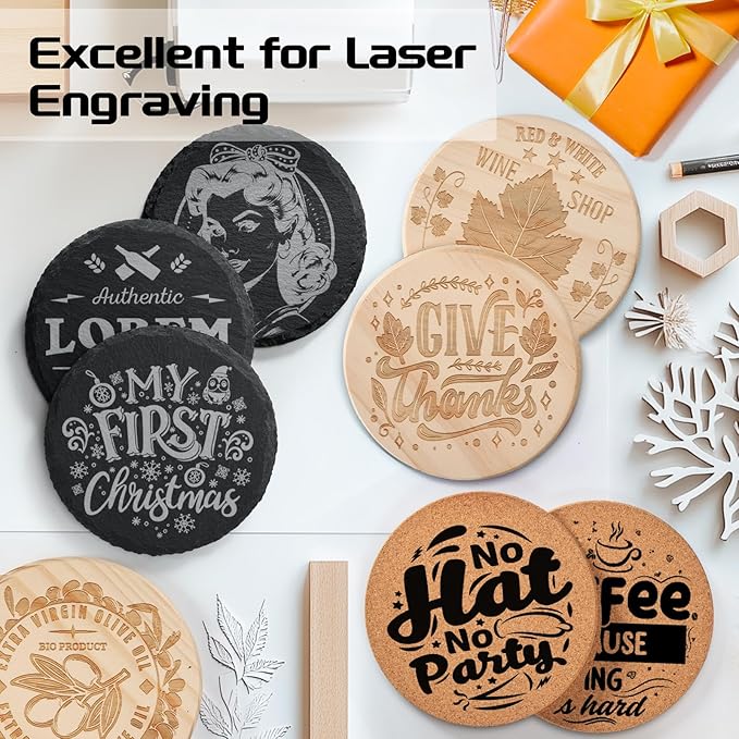 90 PCS Round Blank Coasters Bulk for Laser Engraving, MAPRIAL 4 Inch 100% Natural Black Slate Stone, Wood, Cork, Engravable Materials for Engraver, Gifts, Crafts
