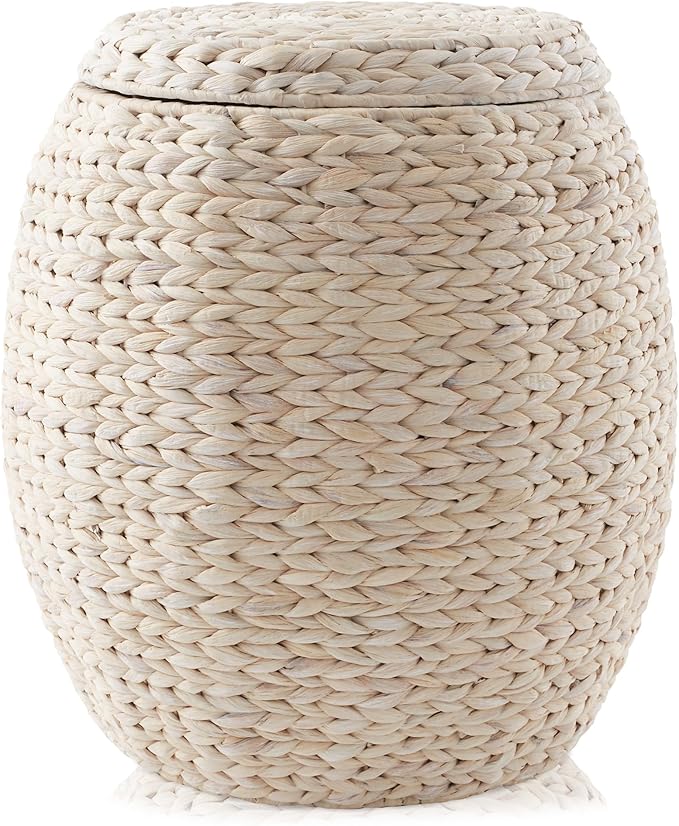 Casafield Round Storage Basket with Lid - Whitewash, Handwoven Water Hyacinth Organizer for Laundry, Blankets, Plants, Bedroom, Living Room, Home Office