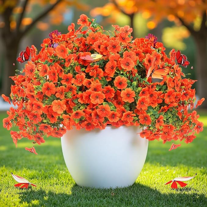 20 Bundles Artificial Flowers for Outdoors‌ with 6 Faux Butterflies, UV Resistant Fake Flowers‌ with Eucalyptus Leaves, Artificial Plants Outdoor‌ for Patio Garden Porch Home Decor (Orange)