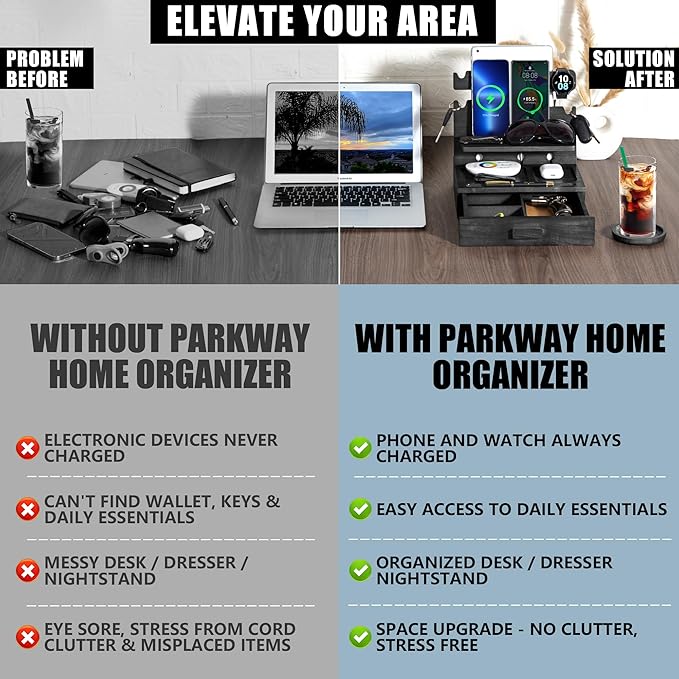 Black Wood Phone Docking Station for up to 3 Phones, Samsung Galaxy Watch Compatible Nightstand Organizer with Drawer for Valuables for Men & Women, Holds Phones, Tablets, Keys, Rings, Glasses, EDC