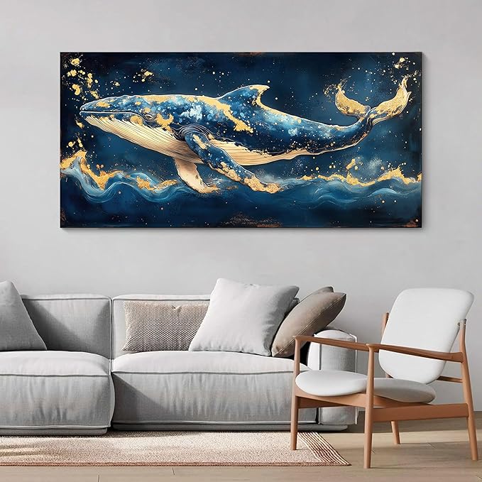 JEAWA Large Canvas Wall Art - Marine Animal Painting Wall Decor, Blue White Gold Whale Picture, Modern Art Prints for Living Room Bedroom Bathroom Home Decoration, 29x58 IN