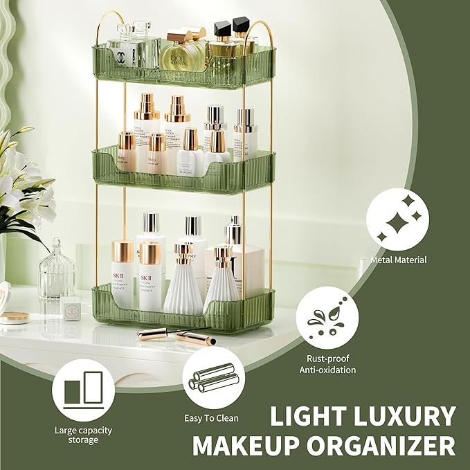 3 Tier Bathroom Organizer Countertop Makeup Perfume Tray Skincare Organizer for Bathroom Dresser Vanity (Green)