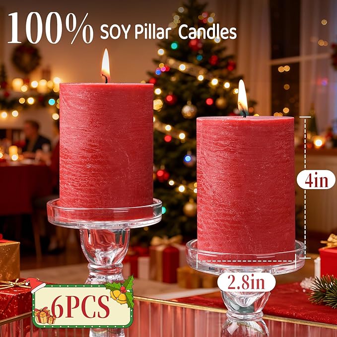 6 Pack Red Pillar Candles,Natural Soy Pillar Candles,55 H Long Lasting Burning 2.8x4in-Unscented,Dripless and Smokeless Rustic Red Hand-Poured Candles Dinner Table, for Christmas,Wedding,Home Decor