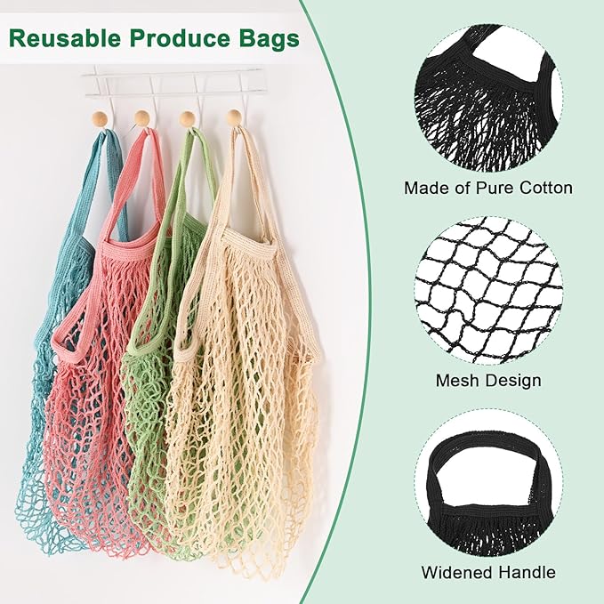 1-Pack Cotton Mesh Bag, Reusable Washable Mesh Net String Grocery Bags, Reusable Produce Bags with Handle, Net Tote Bag for Fruits/Vegetables Shopping [Black, Short Handle]