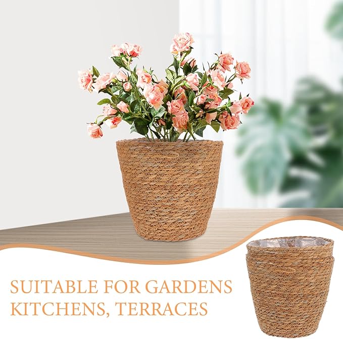 Veemoon 2Pcs Wicker Planter Basket, Rattan Grass Woven Flower Pot Seagrass Planter with Plastic Liner Farmhouse Storage Fruit Bowl Hyacinth Storage Baskets for Plant Flower Fruit Vegetable, 8.65inch H