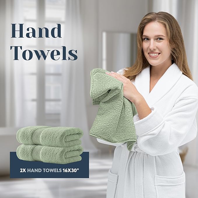White Classic Luxury Bath Towel Set of 8 Pieces - 100% Turkish Cotton Highly Absorbent Towels for Bathroom, 2 Luxury Bath Towels 700GSM, 2 Hand Towels, 4 Washcloths, Green