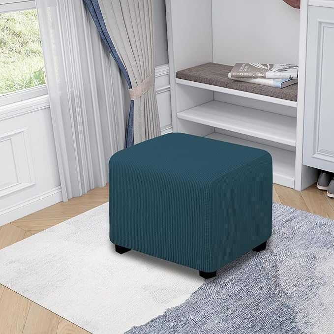 Easy-Going Stretch Square Ottoman Cover Folding Storage Stool Furniture Protector Soft Rectangle Slipcover with Elastic Bottom (15x15x15inch, Deep Teal), X-Small