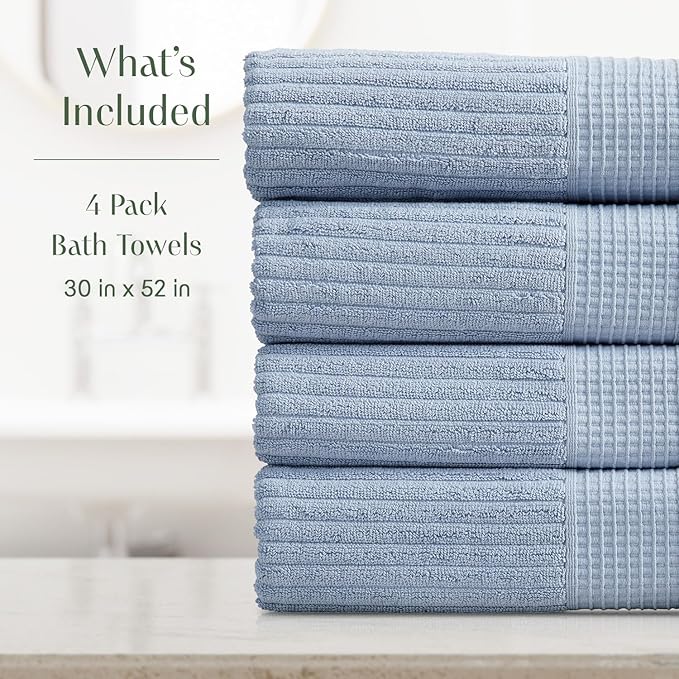 Springtree Home 100% Cotton Bath Towel Set of 4 | Super Soft & Absorbent with Quick-Dry Fibers | 4 Bath Towels | Textured and Durable Cotton | Krista Collection - Dusty Blue