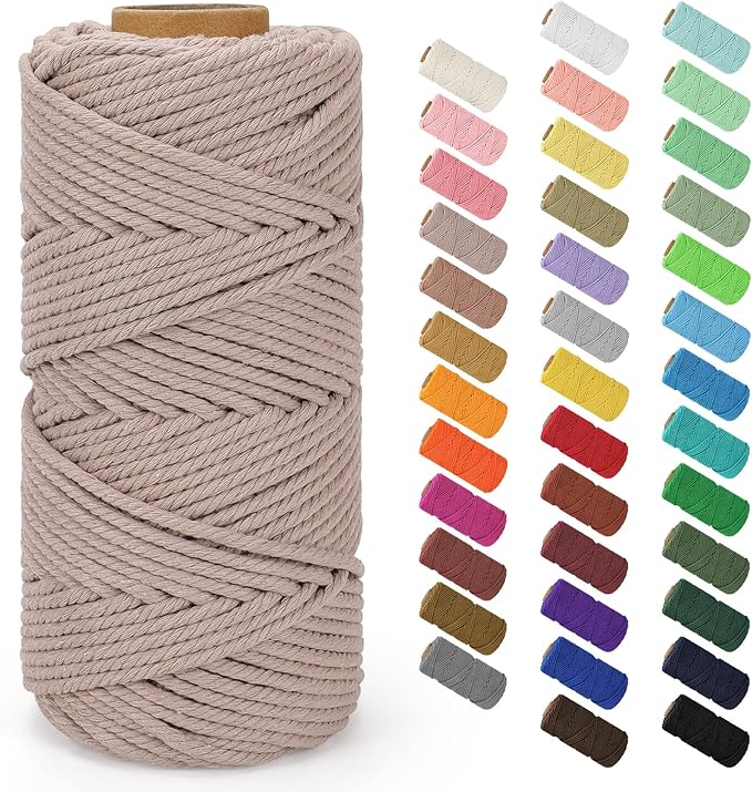 Macrame Cord 4mm x 109Yards (328Feet), Natural Cotton Macrame Rope - 4 Strands Twisted Macrame Cotton Cord for Wall Hanging, Plant Hangers, Crafts, Gift Wrapping and Wedding Decorations, Pink Gray