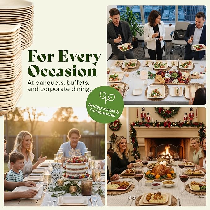 Chic Leaf Square Bamboo Palm Leaf Disposable Plates - 8" Pack of 100 - Biodegradable & Compostable Dinnerware - Disposable Party & Appetizer Plates - Eco-Friendly Dessert Trays for Christmas Meal