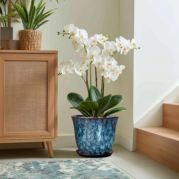 Ceramic Plant Pots - 12 Inch Pots for Plants Indoor Outdoor, Large Round Planter with Drainage Hole and Saucer, Modern Decorative Flower Pot, Home Garden Decor, House Warming Gifts, Blue