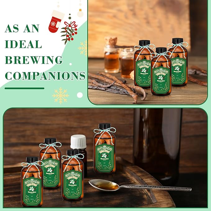 Uiifan 12 Pack Amber Glass Bottles Boston Round Sample Bottles Glass jars with Lids Dark Vanilla Extract and 12 Pcs Christmas Green Snowflakes Stickers for Gift Beans(2 oz)