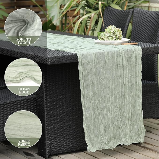 Le courant 3 Pieces 10Ft Cheesecloth Table Runner, Rustic Boho Gauze Cheese Cloth Runner Table Runner for Weddings Bridal Baby Shower Birthday Holiday Parties Home Decor, Sage Green