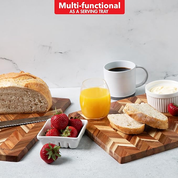 SLATE & ROYCE Acacia Wood Cutting Board Set of 2 - Herringbone Pattern Kitchen Boards - Large & Small Square Wooden Cutting Boards - Premium Charcuterie Boards - Serving Tray - With Gift Box