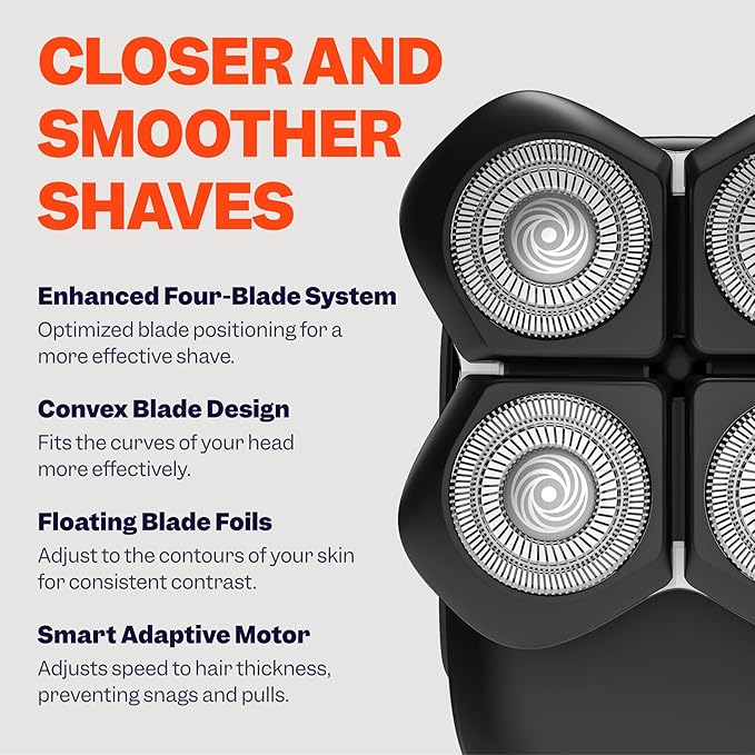 Freebird FlexSeries Pro Electric Head & Body Shaver - Mens Cordless Rechargeable Wet/Dry Skull Bald Head Back & Groin Waterproof Razor with Rotary Blades, Clippers, Nose Trimmer, Brush, Massager