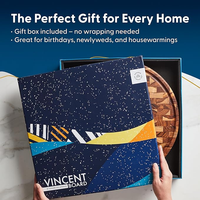 Sonder LA, End Grain Teak Wood Cutting Board 15" Round 1.5" Thick with Juice Groove and Built-in Handles, Charcuterie Serving Board (Gift Box Included)