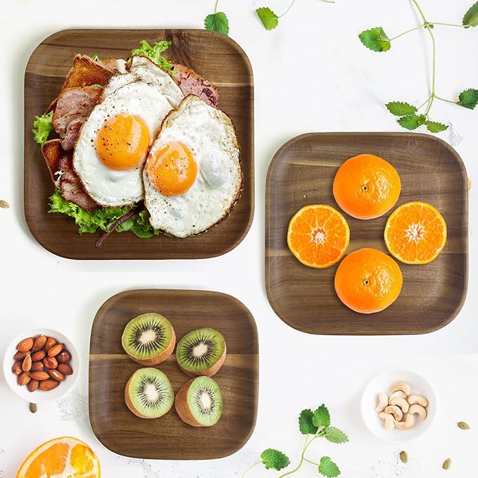 MinBoo Wooden Acacia Plates set of 3, 9-6Inch Wood Acacia Serving Trays, Farmhouse Kitchen Plates, Reusable Wooden Dishware for Dining, Appetizers, Snacks, Parties (square)