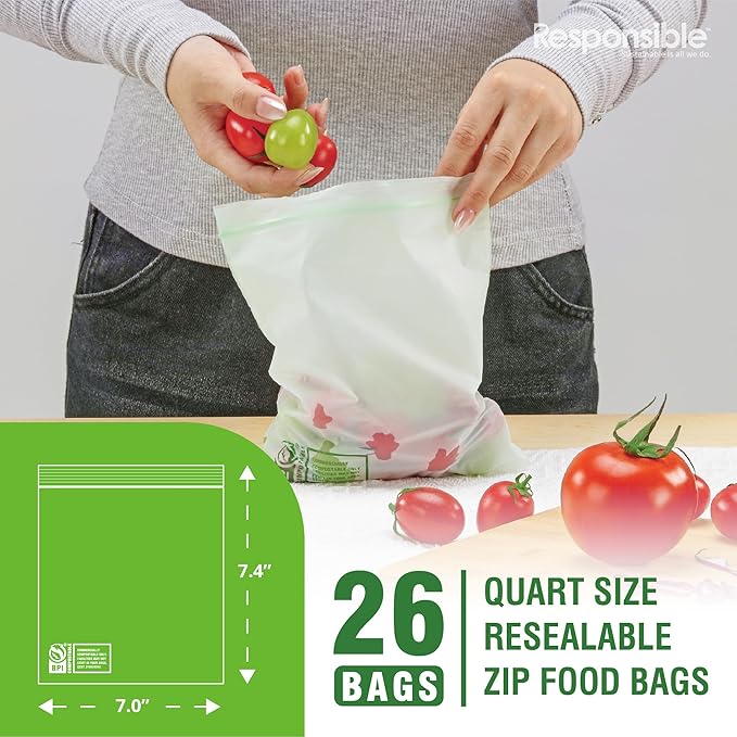 Responsible Products Certified Compostable QUART Resealable Zip Bag, Extra Strength Food Bags, Plant-Based Freezer-Safe (26 Pack)