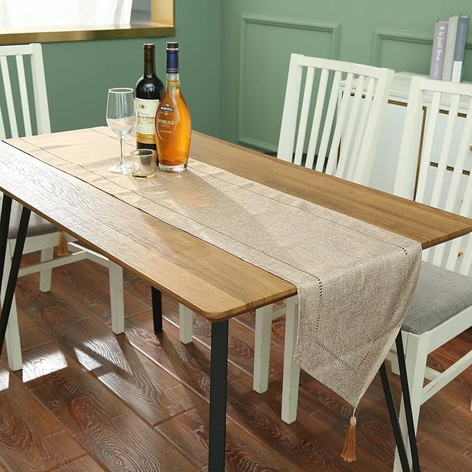 Tosewever Decorative Linen Table Runner with Tassels Tabletop Collection 14 x 72 Inches Table Runners for Everyday Dining Wedding Party Holiday Home Decor (14" x 72", Light Coffee)