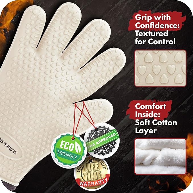 KITCHEN PERFECTION Silicone Smoker Oven Gloves For Women -Extreme Heat Resistant BBQ Gloves -Handle Hot Food Right on Your Smoker Grill Fryer|Waterproof Oven Mitts Grill Gloves |Superior Set+3 Bonuses
