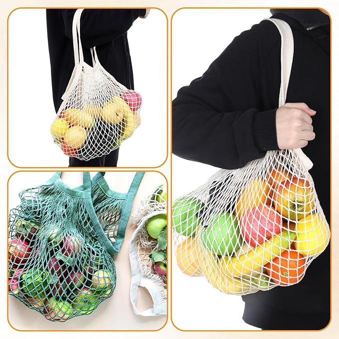 2-Pack Reusable Mesh Grocery Bags, Cotton String Storage Organizer Shopping Bags Washable Produce Bag with Long Handle Portable Net Tote Bag for Vegetables Fruit Farmers Market Shopping