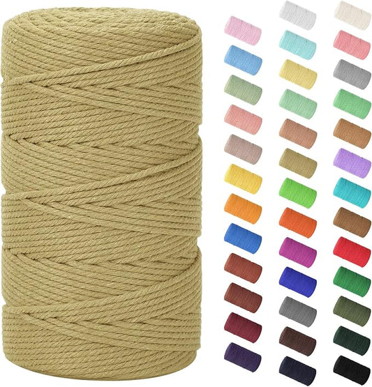 Macrame Cord 3mm x 220Yards (656Feet),Natural Cotton Macrame Rope - 4 Strands Twisted Macrame Cotton Cord for Wall Hanging,Plant Hangers,Crafts,Gift Wrapping and Wedding Decorations,Khaki