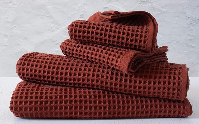 PÜSKÜL - Premium Waffle Towel Set 4 Pieces Brick Red - Organic 100% Turkish Cotton Quick-Dry Towels for Bathroom Made in Turkiye (Brick, Towel Set - 2 Hand & 2 Bath Towels)