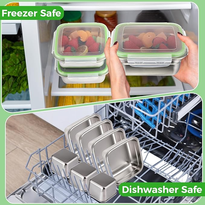 4 Pack Sandwich Containers for 25 Oz and 4 Pack Snack Boxes for 6 oz Stainless Steel Containers with Silicone Lids Reusable Metal Lunch Boxes Dishwasher Safe to Meal Prep Food Storage