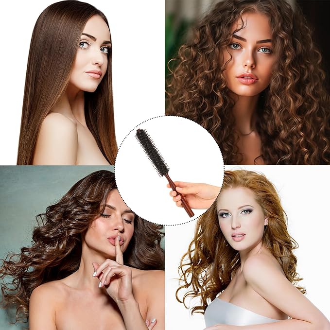 Boar Bristle Hair Brush for Women and Men, Small Round Hiarbrush Blow Drying Brush Soft Bristle Styling Hair Brush with Natural Wood Handle for Straightening Curling Volumizing and Detangling