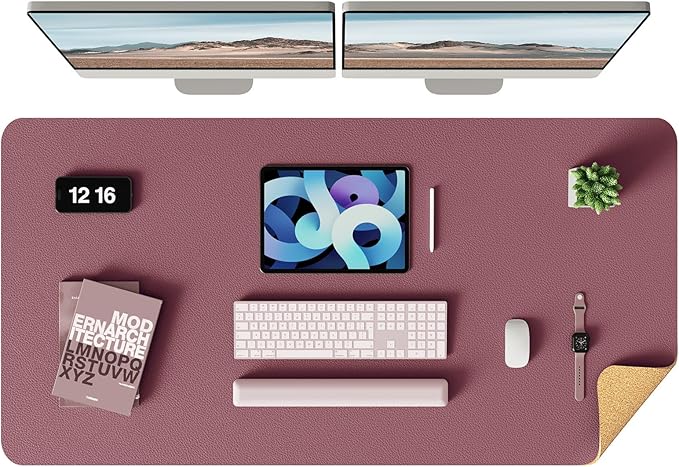 YSAGi Double-Sided Desk Pad, Leather Desk Mat, Eco Cork Desk Pad Protector, Large Mouse Pad for Desk, Waterproof Desk Blotter Pad, Desk Writing Pad for Office Work/Home(Cork+Dark Pink, 47.2" x 23.6")