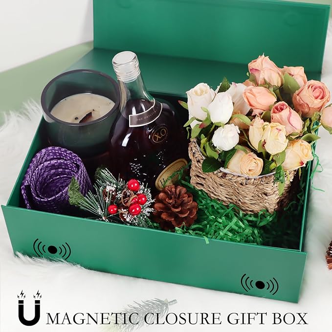 Green Gift Box with Magnetic Lids 13.8x8.3x4.4 in, Bridesmaid Groomsman Proposal Box, Large Rectangle Storage Box 1 Pack