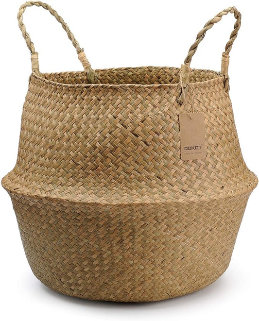 Extra Large Seagrass Plant Basket with Handles, Wicker Woven Storage Basket (14.1“ Diameter x 13.8" Height), Natural)