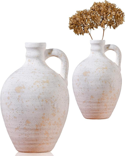 UPWOIGH Ceramic Flower Vase, 9.8 inch Tall Off-White Farmhouse Rustic Vase, Handcrafted Weathered Handle Pottery Vases, Large Flower Terracotta Vases for Home Decor, Living Room, Table, Shelf