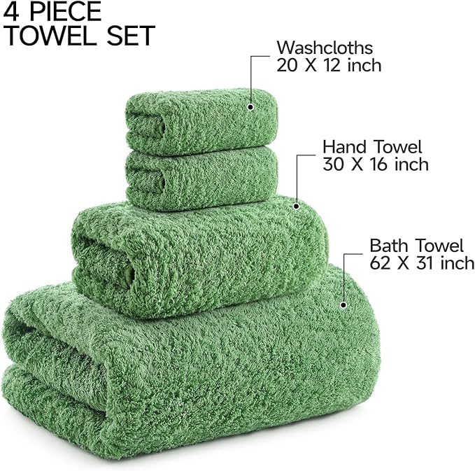 REDKISS Ultra-Plush Bath Towel Set, 900GSM Premium Thick Cotton for Bathroom & Spa, Super Absorbent Quick-Dry Bath Sheets with No Shedding (4-Piece Set for Adults, Luxury Hotel & Home Use)-Grass Green