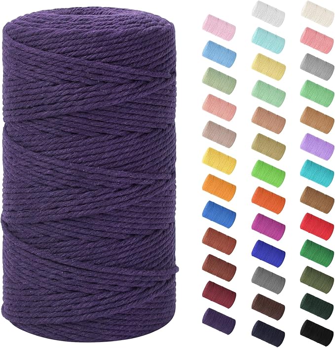 HOMEBOBO Macrame Cord 3mm x 220Yards (656Feet)Natural Cotton Macrame Rope - 4 Strands Twisted Macrame Cotton Cord for Wall HangingPlant HangersCraftsGift Wrapping and Wedding DecorationsDeep Purple