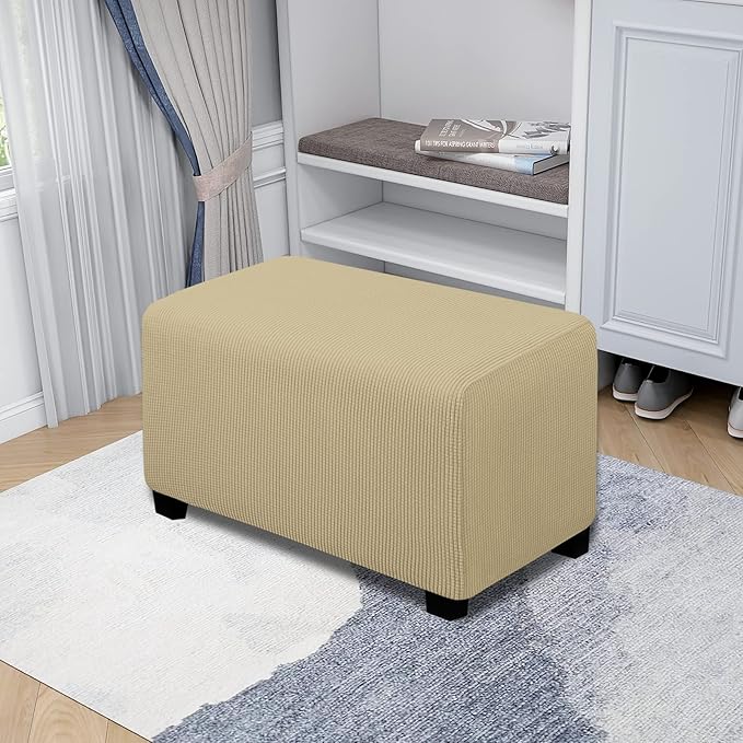 Easy-Going Stretch Ottoman Cover Folding Storage Stool Furniture Protector Soft Rectangle slipcover with Elastic Bottom(Ottoman Small,Beige)
