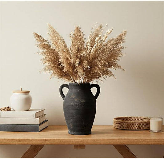 8.1-Inch Black Ceramic Flower Vase with Handles, Rustic Farmhouse Boho Pottery Centerpiece for Table, Living Room & Shelf