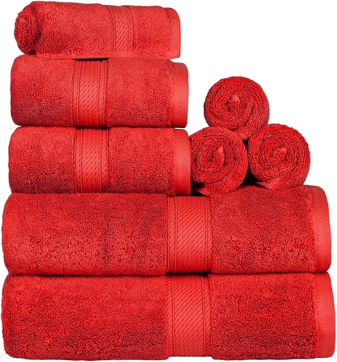 BLUENILEMILLS Madison Egyptian Cotton Towels, Towel Set for Bathroom, Shower, Hotel, Plush, 900 GSM, Highly Absorbent and Ultra-Soft Towels, Bath Essentials, 8 Piece Assorted Towel Set, Red
