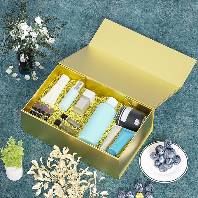 Gold Gift Box, 12x6x4'' Gift boxes for Presents with Lids Magnetic Closure Rectangle Collapsible for Bridesmaid Proposal Box, Wedding, Christmas, Halloween, Birthday Gift Packging