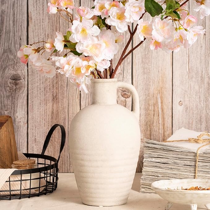 White Ceramic vase with Handle, 10inch Boho Unique Textured Pottery, Rustic Farmhouse Decorative Terracotta vases for Flowers, Centerpieces, Living Room.