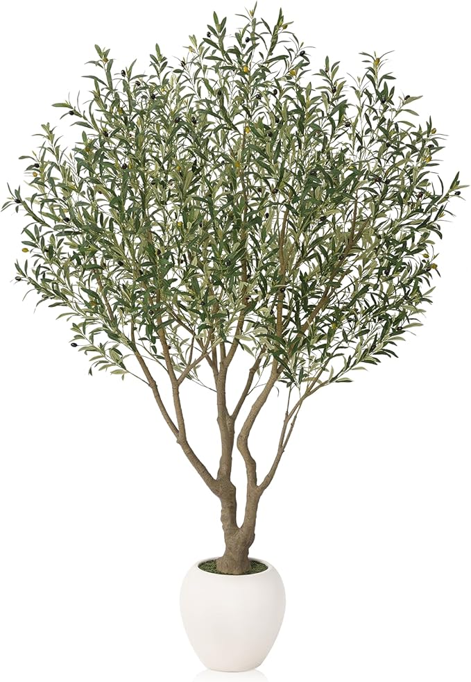 Olive Trees Artificial Indoor 8FT, Tall Faux Olive Tree with Round White Planter, Outdoor UV Resistant Large Fake Olive Plants, Modern Home Decor for Living Room Office Porch