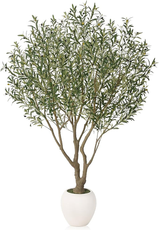 Olive Trees Artificial Indoor 8FT, Tall Faux Olive Tree with Round White Planter, Outdoor UV Resistant Large Fake Olive Plants, Modern Home Decor for Living Room Office Porch