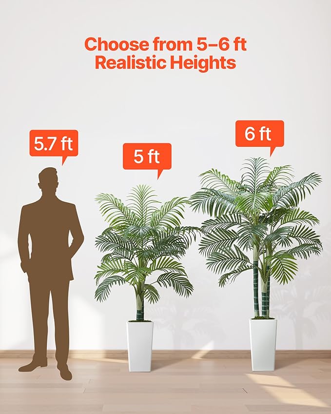 VEVOR Artificial Areca Palm Tree 6 ft, Fake Palm Tropical Plants with White Tall Planter, Faux Floor Silk Plant in Pot, Large Trees for Home Office Living Room Decor House Warming, Indoor Outdoor