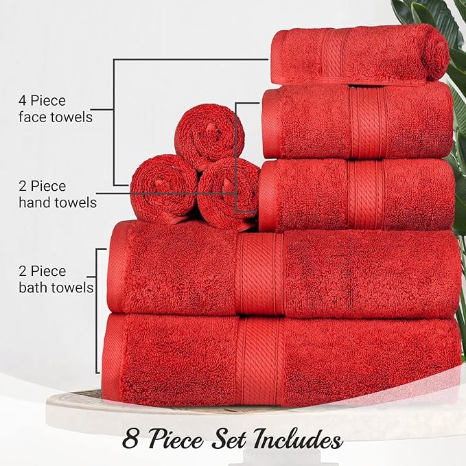 BLUENILEMILLS Madison Egyptian Cotton Towels, Towel Set for Bathroom, Shower, Hotel, Plush, 900 GSM, Highly Absorbent and Ultra-Soft Towels, Bath Essentials, 8 Piece Assorted Towel Set, Red