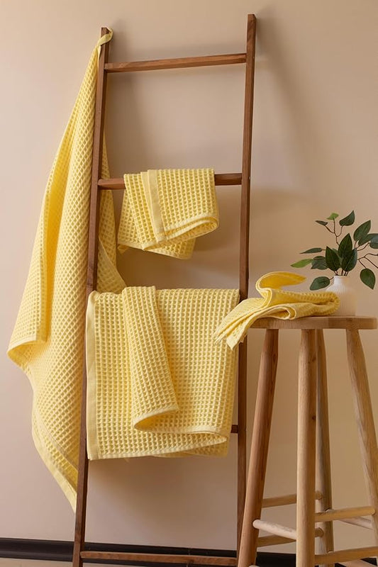 PÜSKÜL - Premium Waffle Towel Set 4 Pieces Yellow - Organic 100% Turkish Cotton Quick-Dry Towels for Bathroom Made in Turkiye (Light Yellow, Towel Set - 2 Hand & 2 Bath Towels)