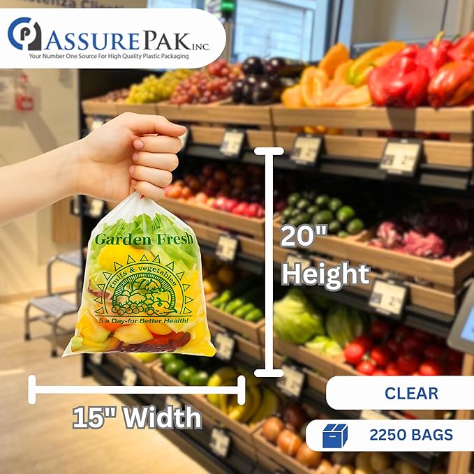 Clear Produce Bags Roll - 2250 Bags - 15"x20" – (3 Rolls, 8 Microns) – for Grocery, Small Business, Reusable Produce Use, Food & Storage Needs, Garden Fresh, Narrow Profile, Kitchen Use